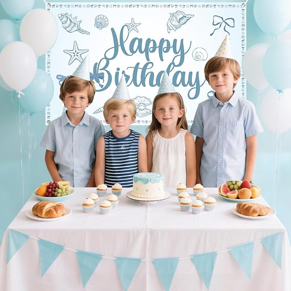 Coquette Blue Bow Seashell Ocean Beach Banner Backdrop 6 x 3.6 ft Seashell Birthday Party Decorations Coastal Birthday Decorations for Blue Bow Seashell Coastal Birthday Decor