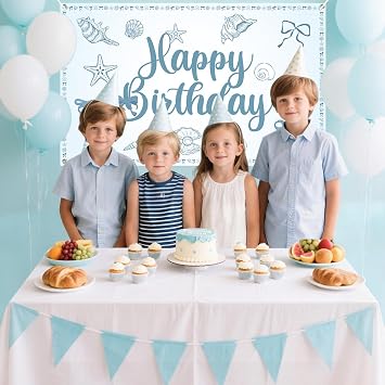 Coquette Blue Bow Seashell Ocean Beach Banner Backdrop 6 x 3.6 ft Seashell Birthday Party Decorations Coastal Birthday Decorations for Blue Bow Seashell Coastal Birthday Decor