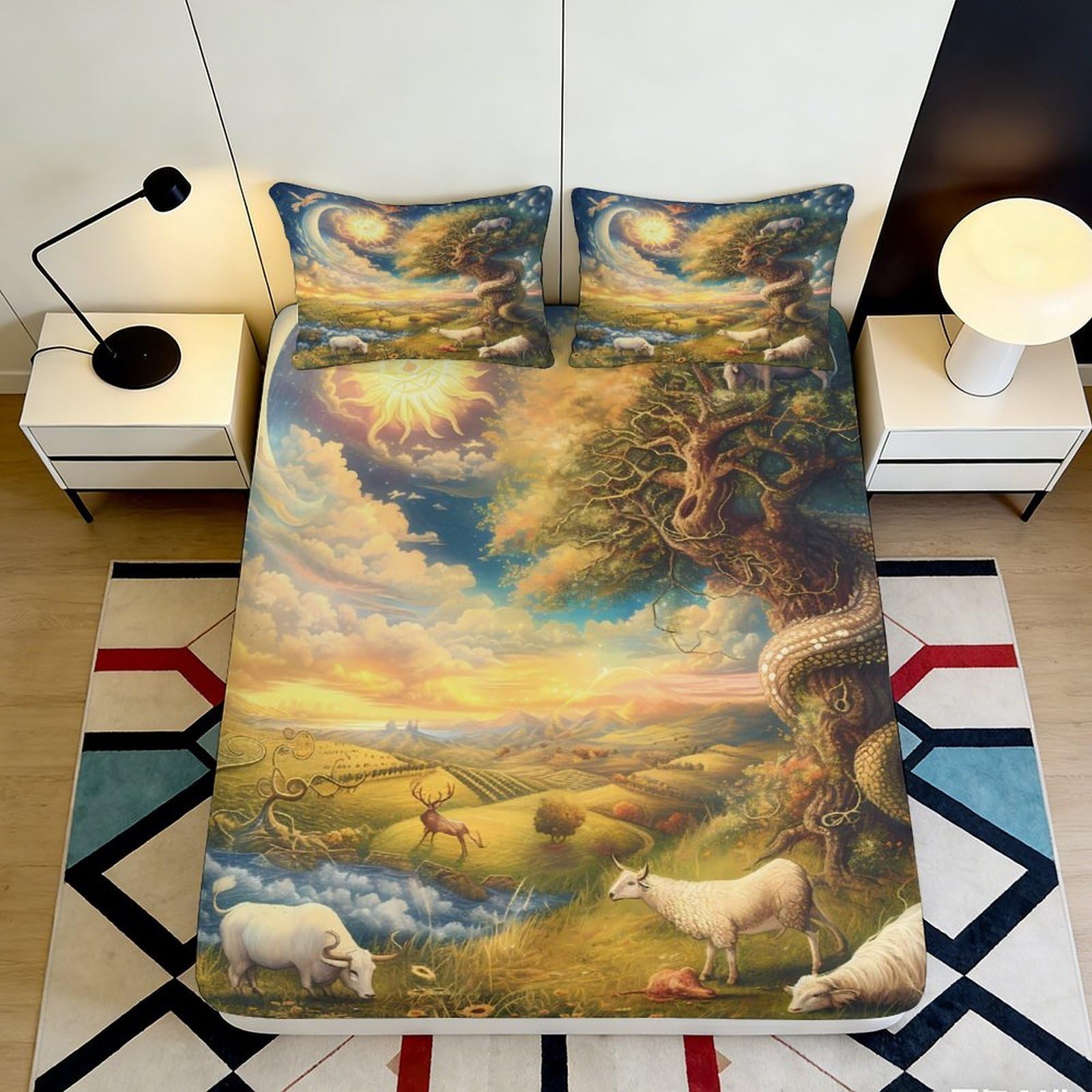 3D Printed Pastoral Landscape Fitted Sheet Microfiber Sun Tree Bed Cover Non Slip Washable Artistic Decor for Bedroom Guest Room 90x200x25cm