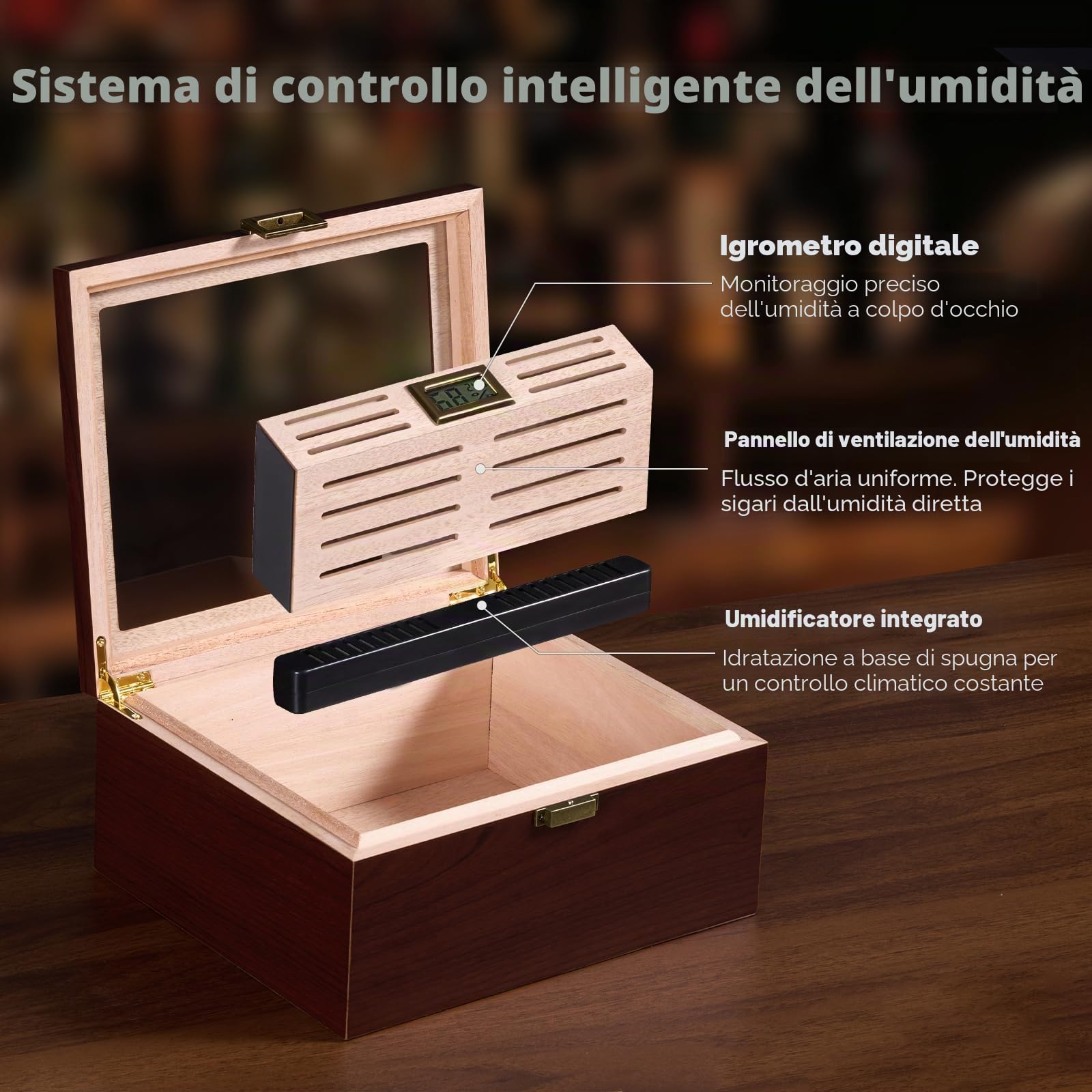 ProCase Humidor per Sigari con Igrometro Digitale e Umidificatore, Cofanetto con Interno in Legno di Cedro per 20-50 Sigari, Regalo per Uomo, Amante di Sigari Cubani -Large