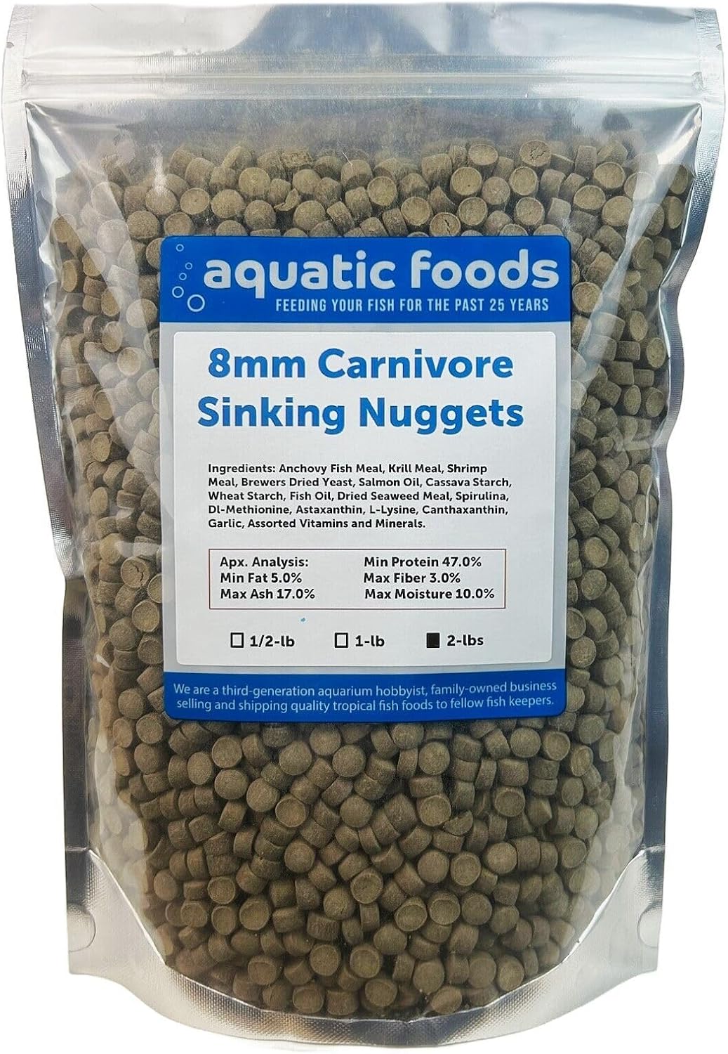 Aquatic Foods Inc. 8mm - 5/16" Carnivore Sinking Pellets for Carnivore Cichlids, Catfish, Monster Fish, Bottom Fish, All Large Fish, Also Koi & Pond Fish. - WL…2-lbs Foil Pouch Bag