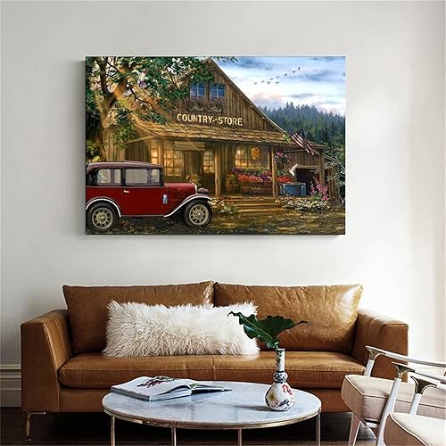 Miniatura 4 de Zbin Old Country General Store and A Red Car - Póster impreso en lienzo para decoración del hogar, pintura, sala de estar, dormitorio, póster