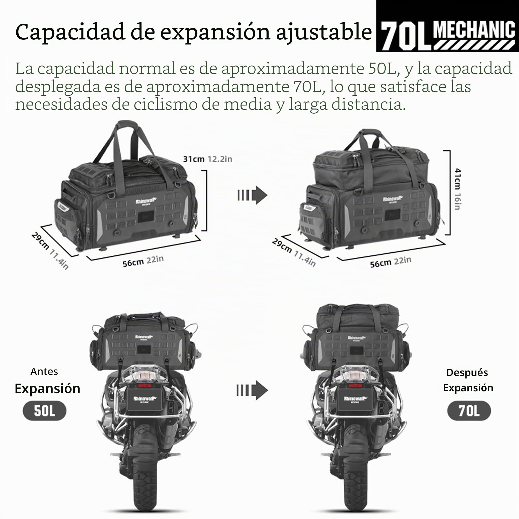 Rhinowalk bolsa trasera para motocicleta, equipaje de viaje expandible de 50 a 70 L, sillín deportivo, impermeable para casco, mochila y sistema Molle, color
