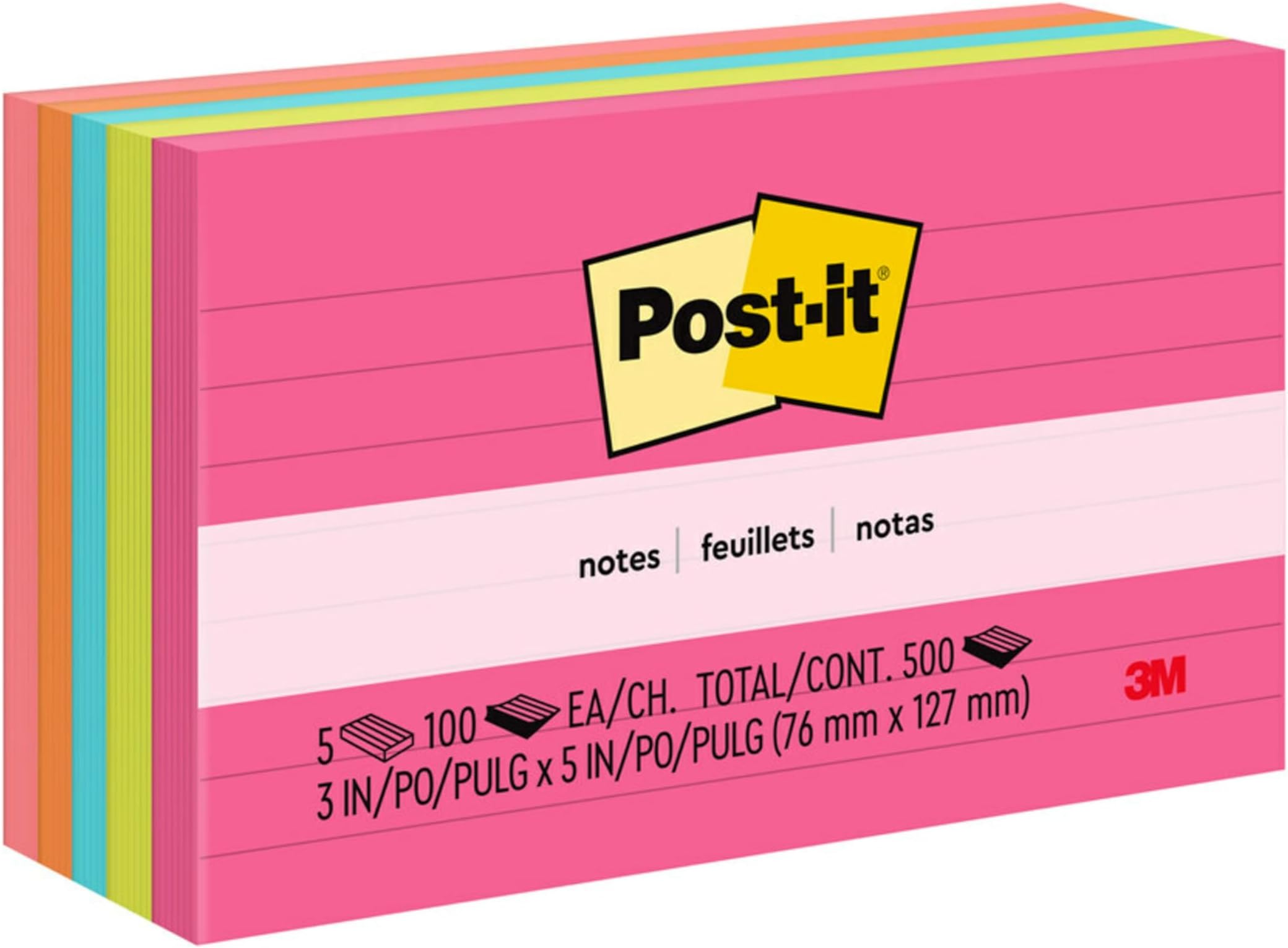 Notes Neon Colors 635-5AN, 3 x 5 in (76 mm x 127 mm), Lined, Pastel Colors - Sticky Notes For Note Taking, To Do Lists and Reminders, Clean Removal, Recyclable, 100 sheets/pad, 5 pads/pack