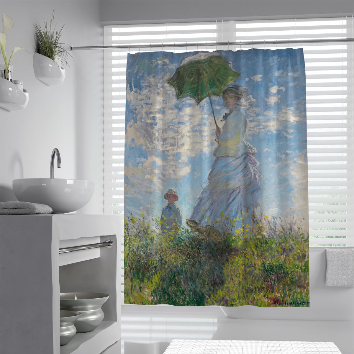 Famose tende doccia in stampa dipinta per il bagno 180x220cm | Tenda doccia in tessuto impermeabile lavabile con motivo donna e parasole, decorazione hotel di lusso