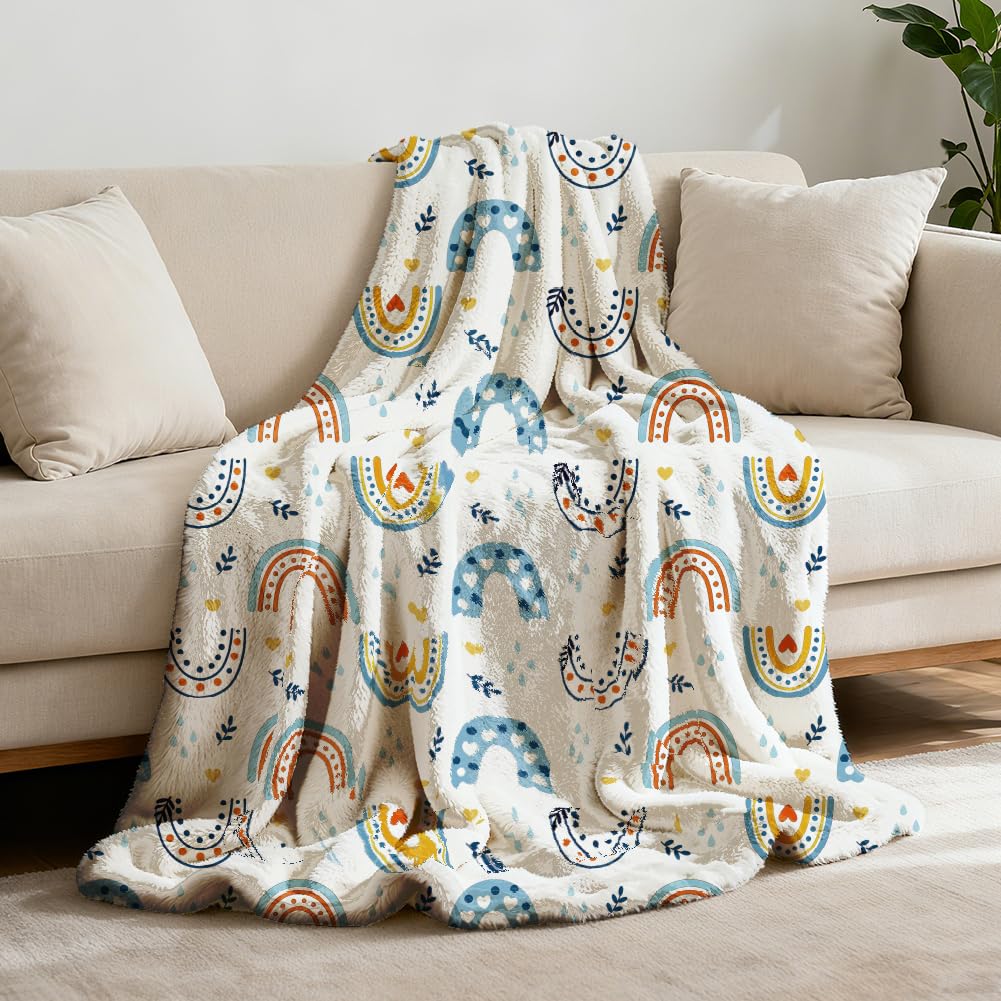 GLOBLELAND Bohemian Rainbow Throw 59x51 inch Hearts Flannel Blanket Raindrops Washable Fuzzy Throw Blanket for Couch Chair Sofa Bed Dorm Bedroom Home Gift Wedding Christmas Anniversary