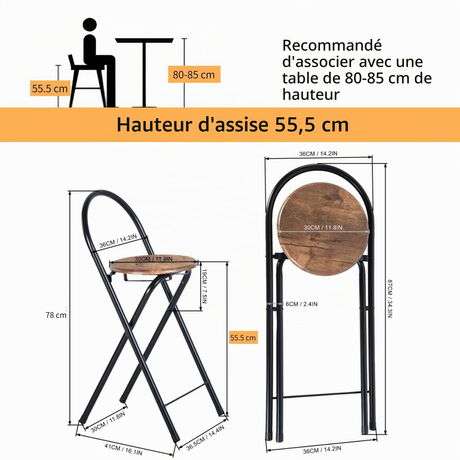 Tabouret de Bar Pliant Lot de 2, Tabouret de Bar Pliable avec Dossier Chaise de Bar Tabouret Pliante Tabouret Pliant Portable pour Bar Cuisine Balcon Jardin, Hauteur d'assise 55,5 cm, Brun