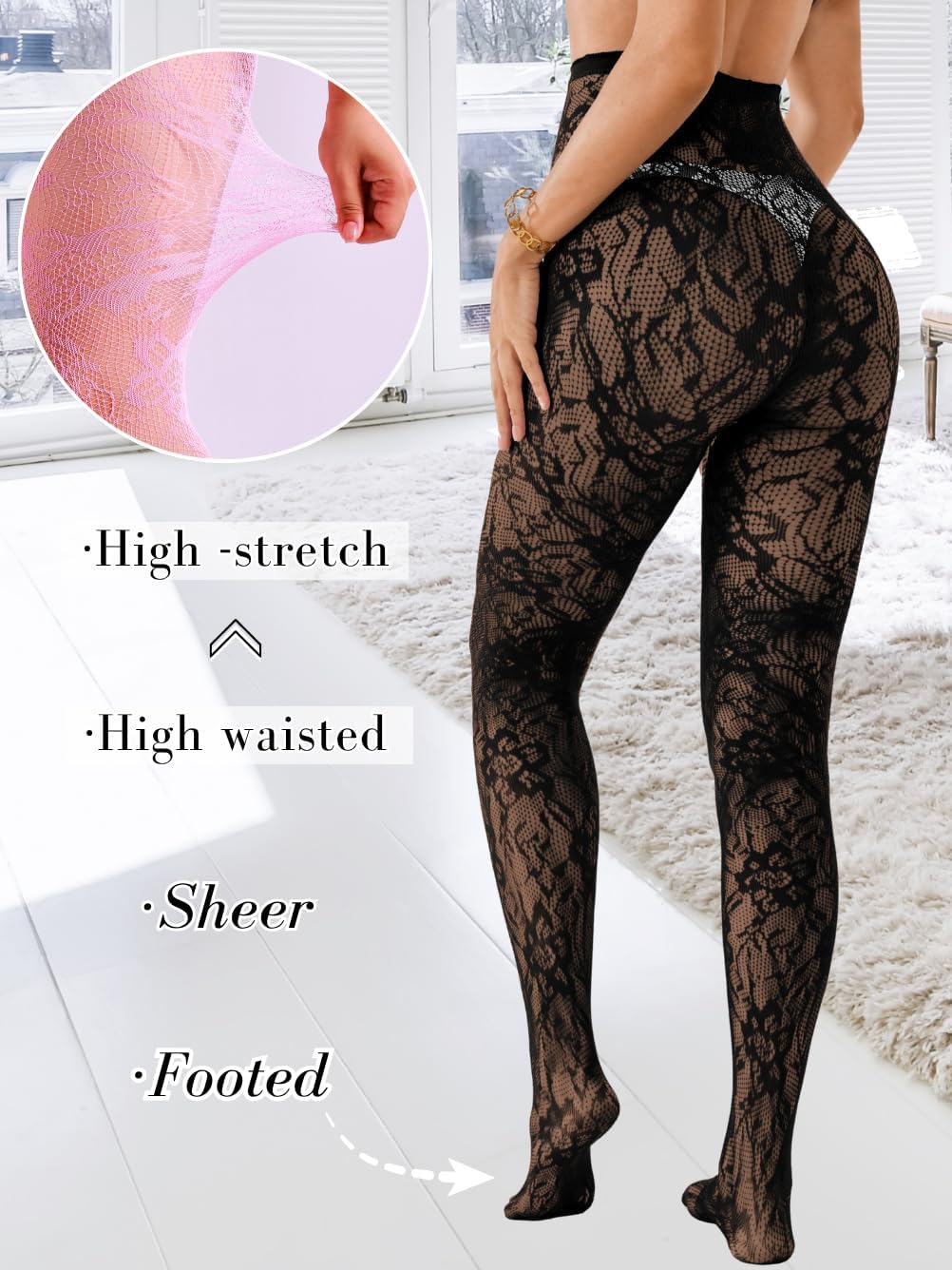 Lace Tights For Women,Floral Patterned Sexy Fishnet Stockings,Sheer Pantyhose Halloween Costume - Image 3