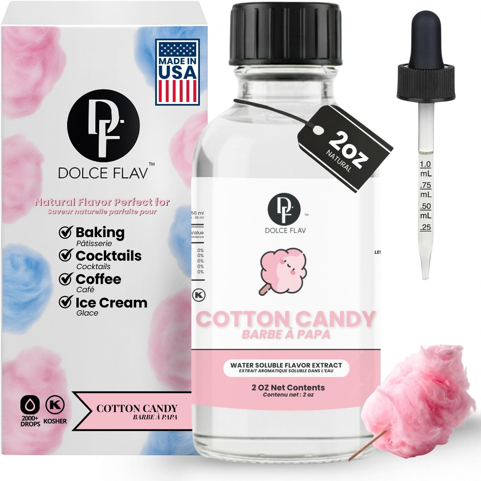 Dolce Flav Natural Cotton Candy Extract – 2 Ounce Water-Soluble Kosher, Sugar-Free, Concentrated Carnival-Style Flavoring for Baking, Frostings & Drinks, Includes Measured Dropper