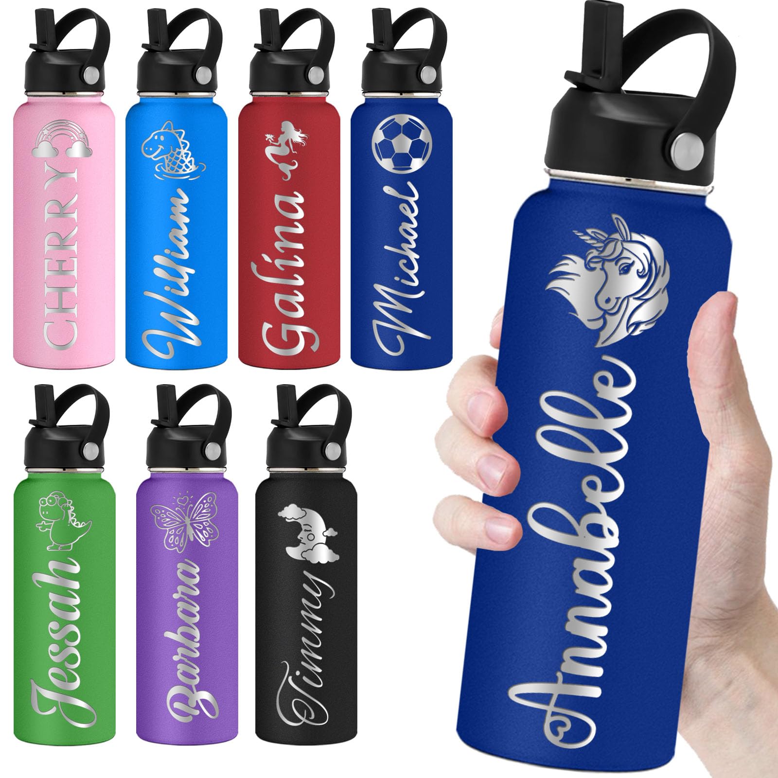Personalized Water Bottles with Straw 40oz Custom Engraved Water Bottle for School Customized Name Double Wall Insulated-Navy — image 1