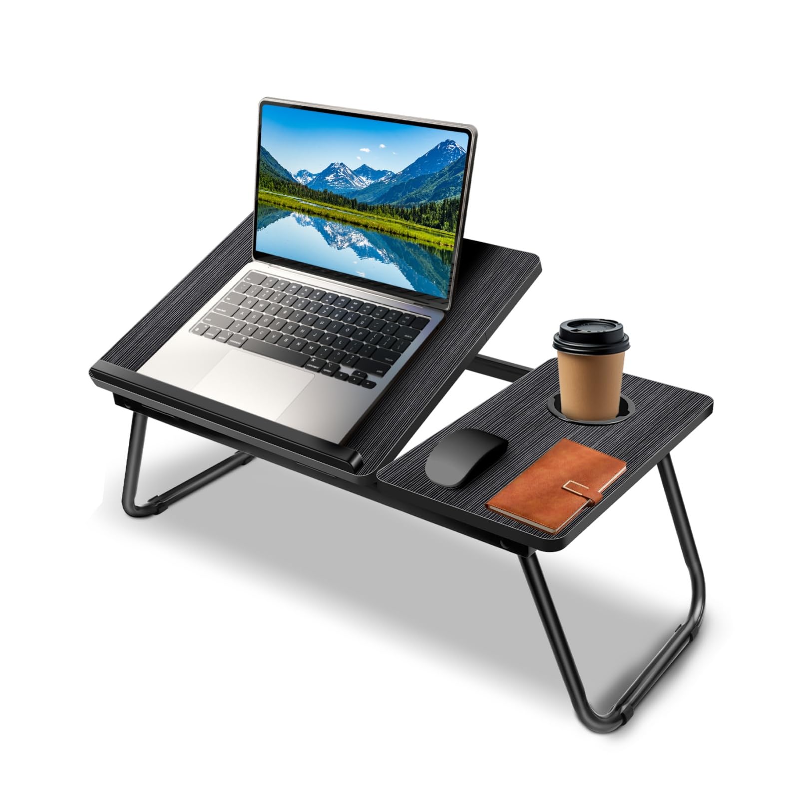 Laptop Bed Table, Foldable Laptop Desk with Cup Holder & Adjustable Angle, Portable Notebook Stand with Reading Book Holder for Bed, Sofa, Floor, Carpet（Black）