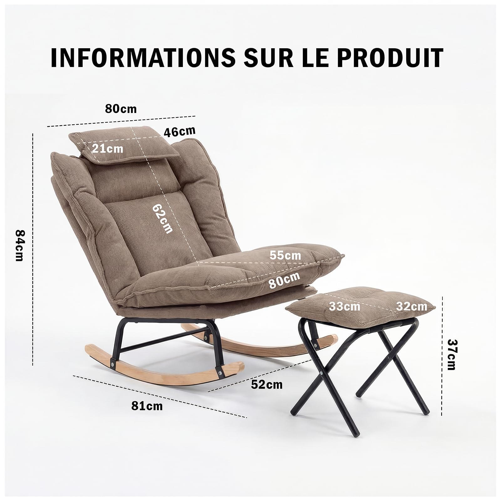 Fabulcozy Fauteuil à Bascule Réglable 3 Positions (90-120°), en Velours Côtelé avec Repose-Pieds Pliable et Coussin, Structure Métal et Pieds Bois d'Hévéa, pour Salon, Chambre,Allaitement,Kaki