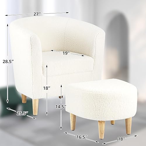 Miniatura 2 de Silla Sherpa, juego de 2 sillas blancas esponjosas de barril de peluche con sillón otomano cómodo, sillas de sala de estar, sillas tapizadas para