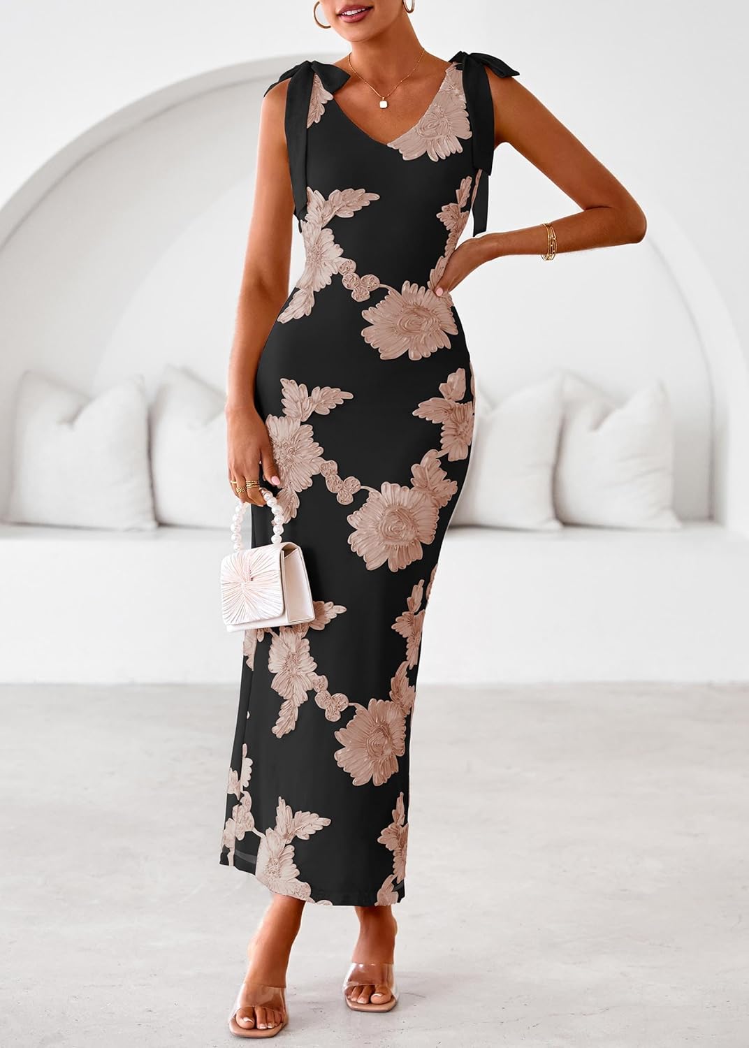 Lazysmile Womens Floral Embroidered Maxi Dress Sleeveless V Neck Tie Strap Ribbon Flower Mesh Party Cocktail Dresses - Image 6