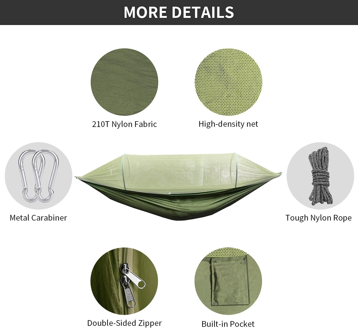 Camping Hammock with Net, Lightweight Durable 2 Person Hammock with Tree Straps and Carabiners, Portable Pop-up Double Hammock for Outdoor Travel Hiking Backpacking Garden Beach Yard, Army Green : Sports & Outdoors