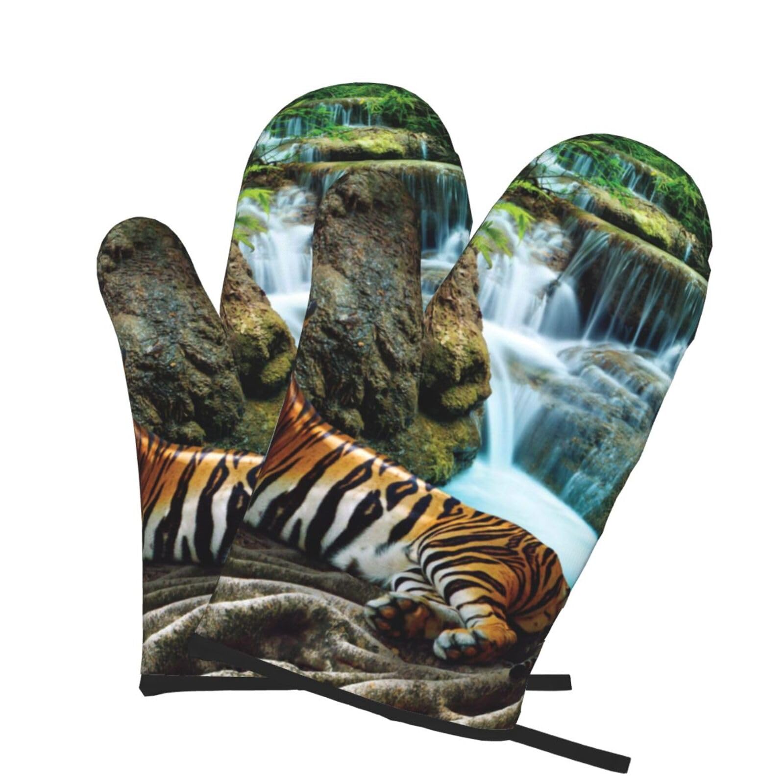 Oven Mitts Set of 2 Pcs, Tiger Under Tree Prints Heat Resistant Kitchen Gloves for Cooking Baking Grilling