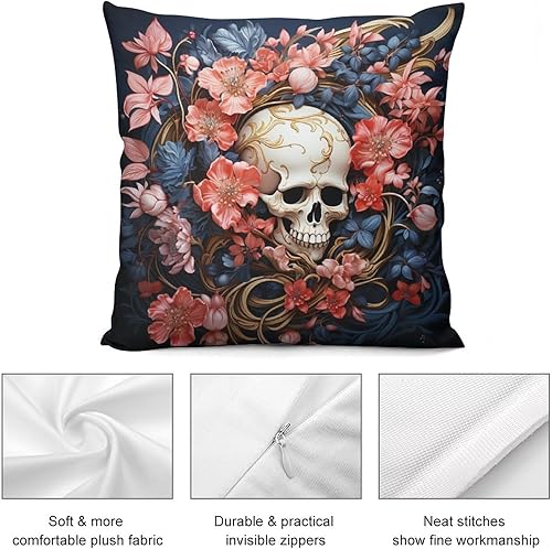 Miniatura 6 de Cojines Decorativos para Sala - Funda cuadrada decorativa con patrón de calavera negra con flores rosadas, decoración del hogar, Halloween, otoño,