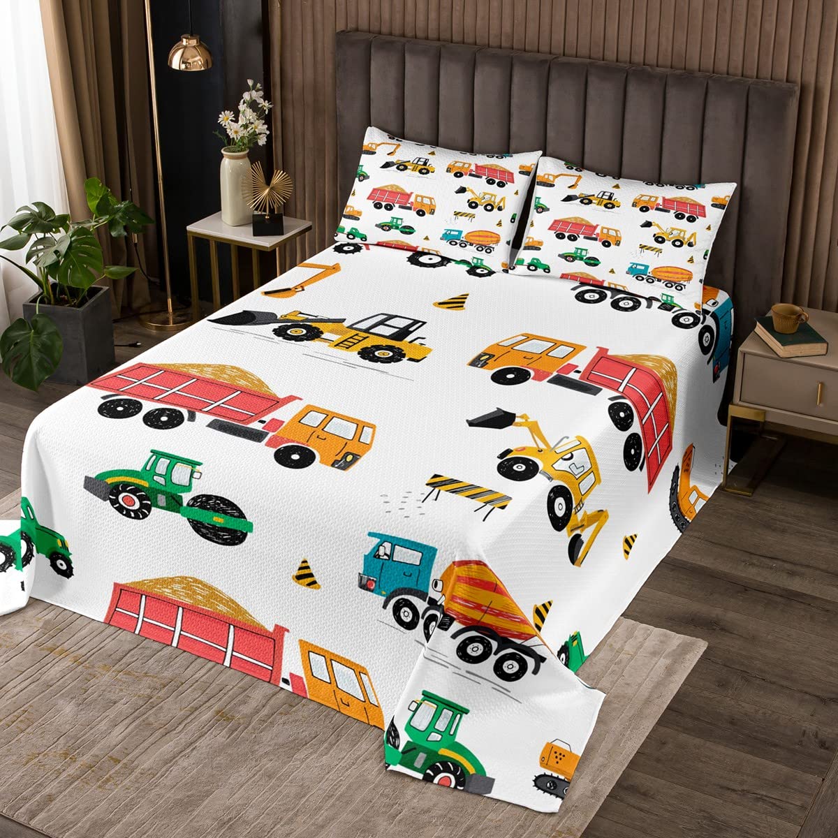 Homemissing Copriletto trapuntato per bambini, ragazzi, ragazze, trapuntato, per camioncini, set di copertine per auto, escavatore, trattore, verde, arancione, trapuntato, singolo, 2 pezzi