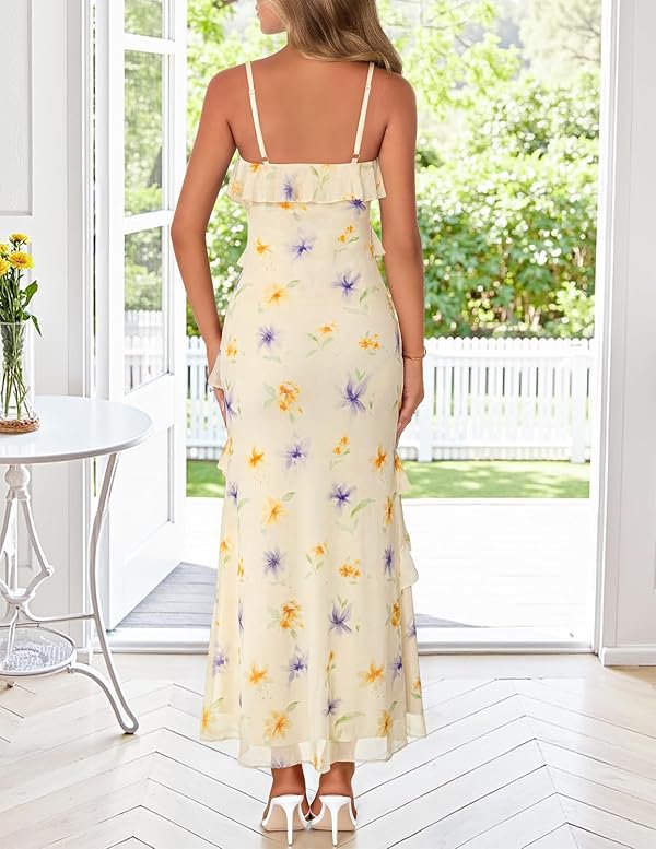 MEROKEETY Summer Floral Wedding Guest Maxi Dress Women 2026 Vacation Formal Bodycon Spaghetti Strap Cocktail Party Long Dress, Beige, Small by MEROKEETY - Used condition - Image 3