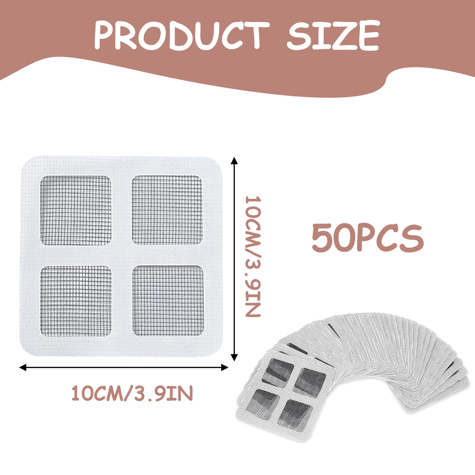 50 szt jednorazowych łapaczy włosów do odpływu prysznicowego, 10 x 10 cm, siatkowa naklejka na odpływ podłogowy, łapacz włosów na pokrywę odpływu prysznicowego, filtry pułapki na włosy, ochraniacz