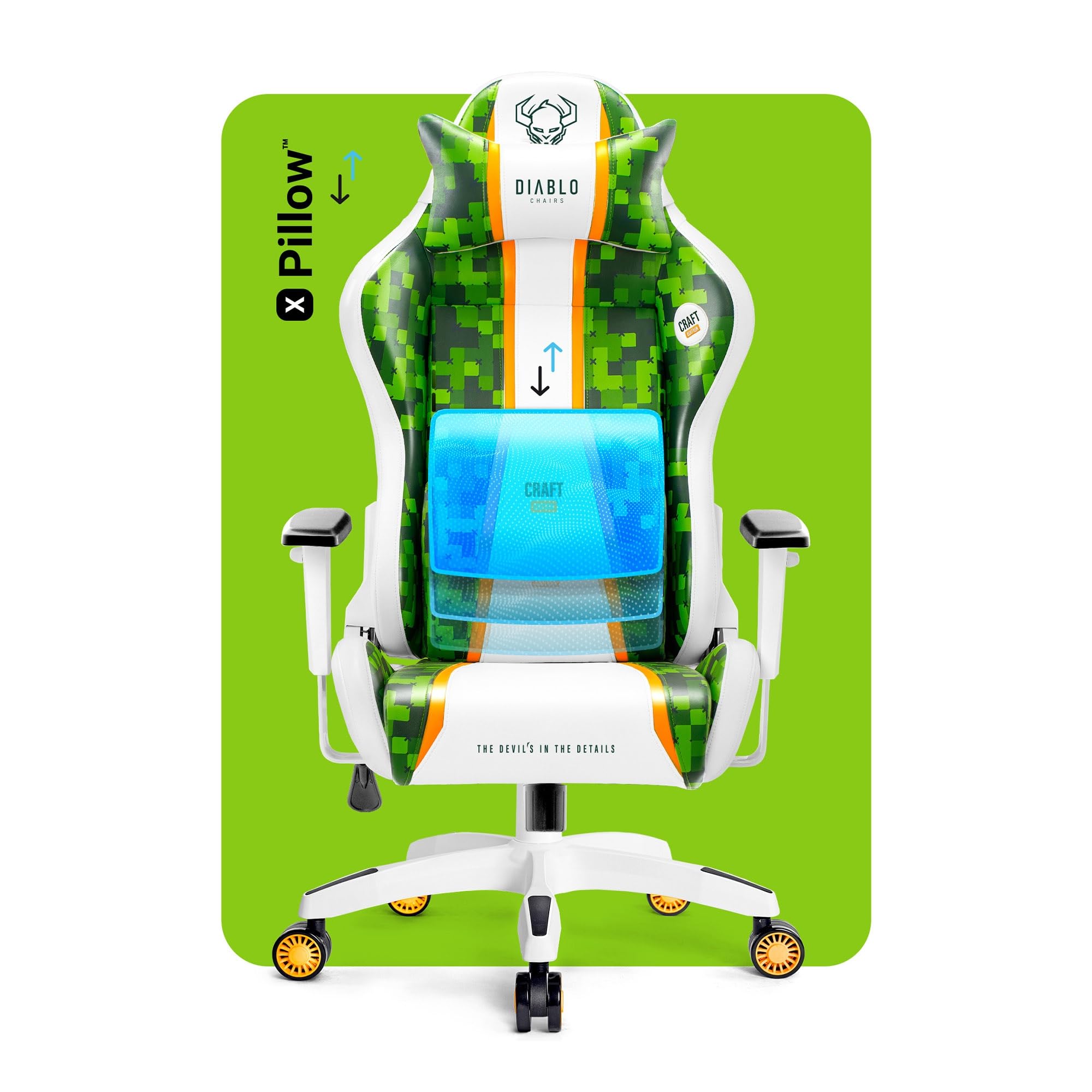 DIABLO Chairs X-One 2.0 Craft Edition Piccola Sedia da Gaming Girevole Sedia da Scrivania Ergonomica con Cuscino Lombare e Poggiatesta Schienale in Ecopelle Regolabile 64x33x120 cm Verde-Bianco
