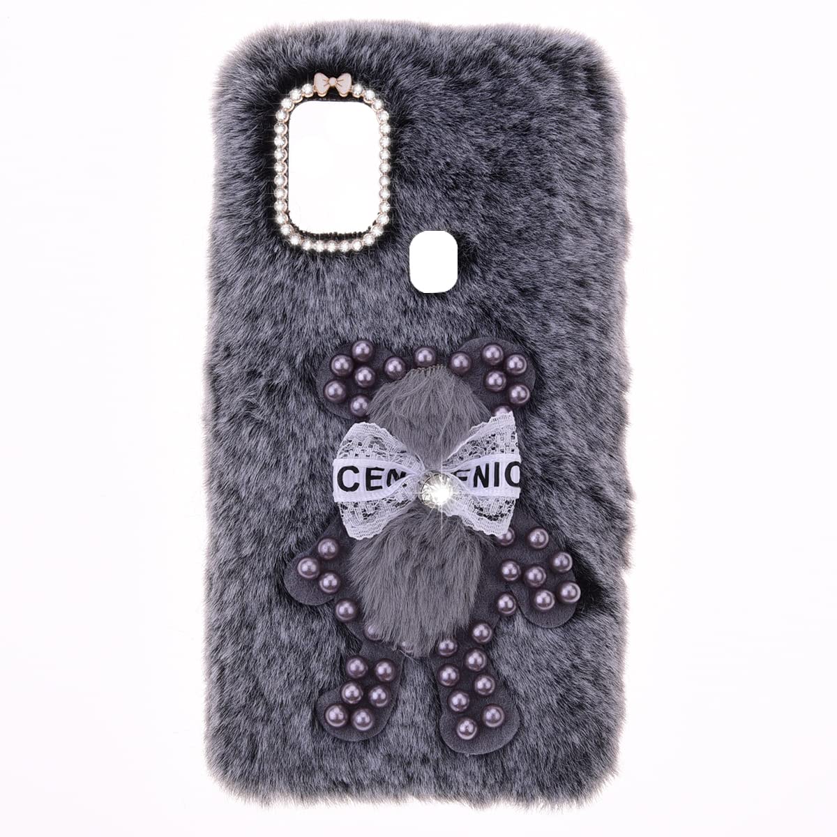 Snclet Grey Bear Fluffy Fur Plush Case For Motorola Moto E20 - Girly Bear Faux Fur Shockproof Back Bumper Silicon Soft Furry Chic Bling Diamond Bowknot,