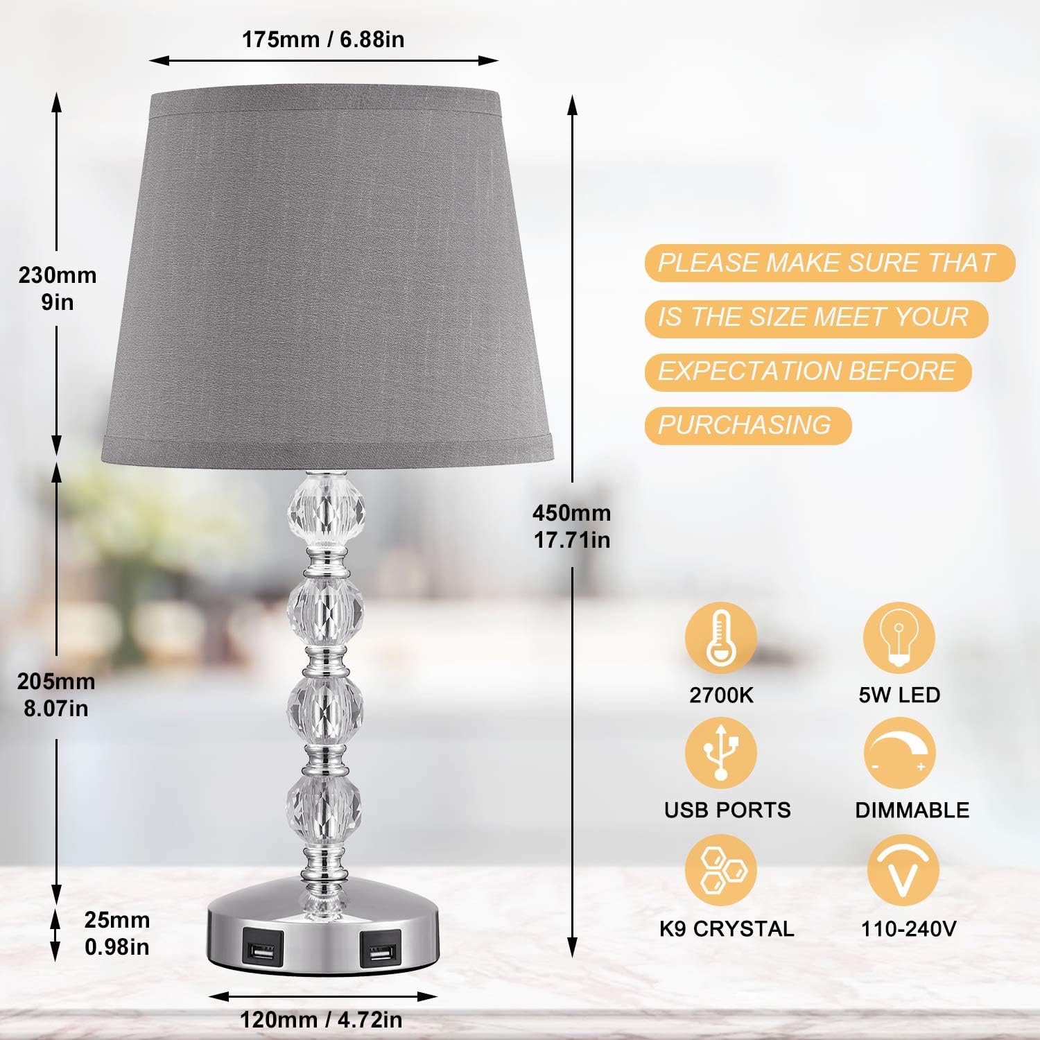Kakanuo USB Touch Crystal Bedside Lamp Table Lamp with Dual USB Charging Ports, K9 Crystal Bedroom Lamp 3 Way Dimmable Nightstand Lamp for Bedroom, Living Room, Study Room and Office (Bulb Included)