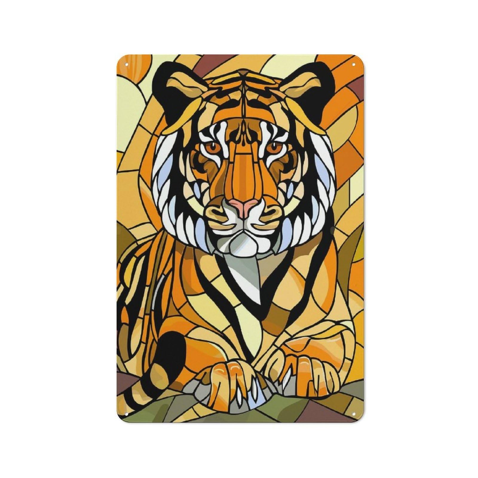 Junmoney Style-13 Stained Glass Tiger Portrait Rustic Tin Wall Plaque 30X20cm For Hobby Room Or Studio, A New Home Present For Creative Interior Collectors