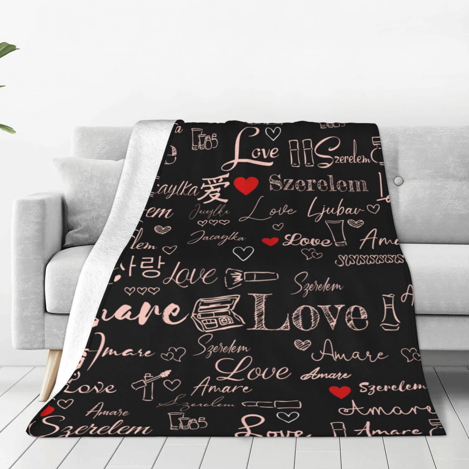 Lsjuee Throw Blanket Valentine's Day Love Quotes Warm Cozy Soft Lightweight Flannel Fleece Blanket for Bedroom Sofa Room Home Decorative Fuzzy Blanket 80"x60"