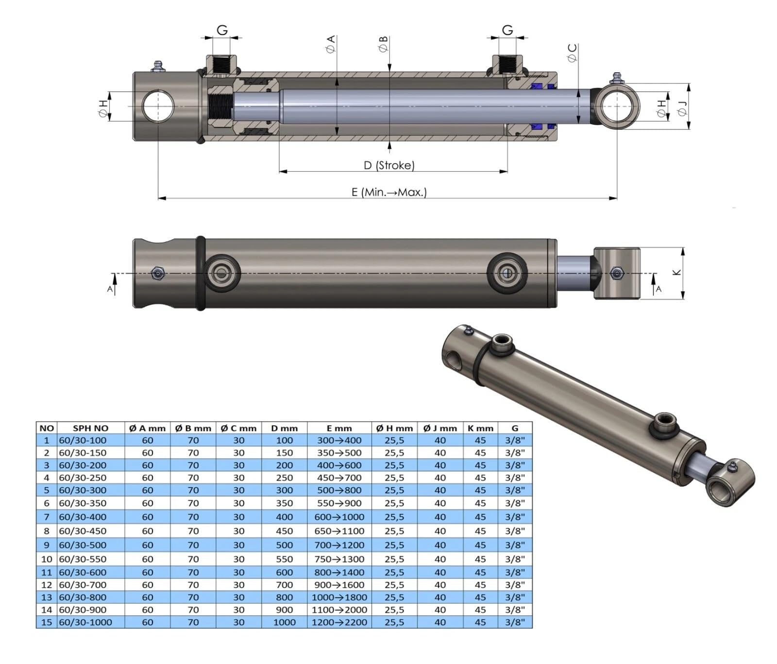 Cilindro idraulico a doppia azione con foro trasversale (60/30, 600 mm)