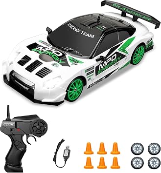 Remote Control Car 2.4GHz 124 Scale 4WD RC Drift Car 15KM/H High Speed Drifting RC Cars with Cool Lights Extra Tires Toys for Kids Boys Girls Adults, Green