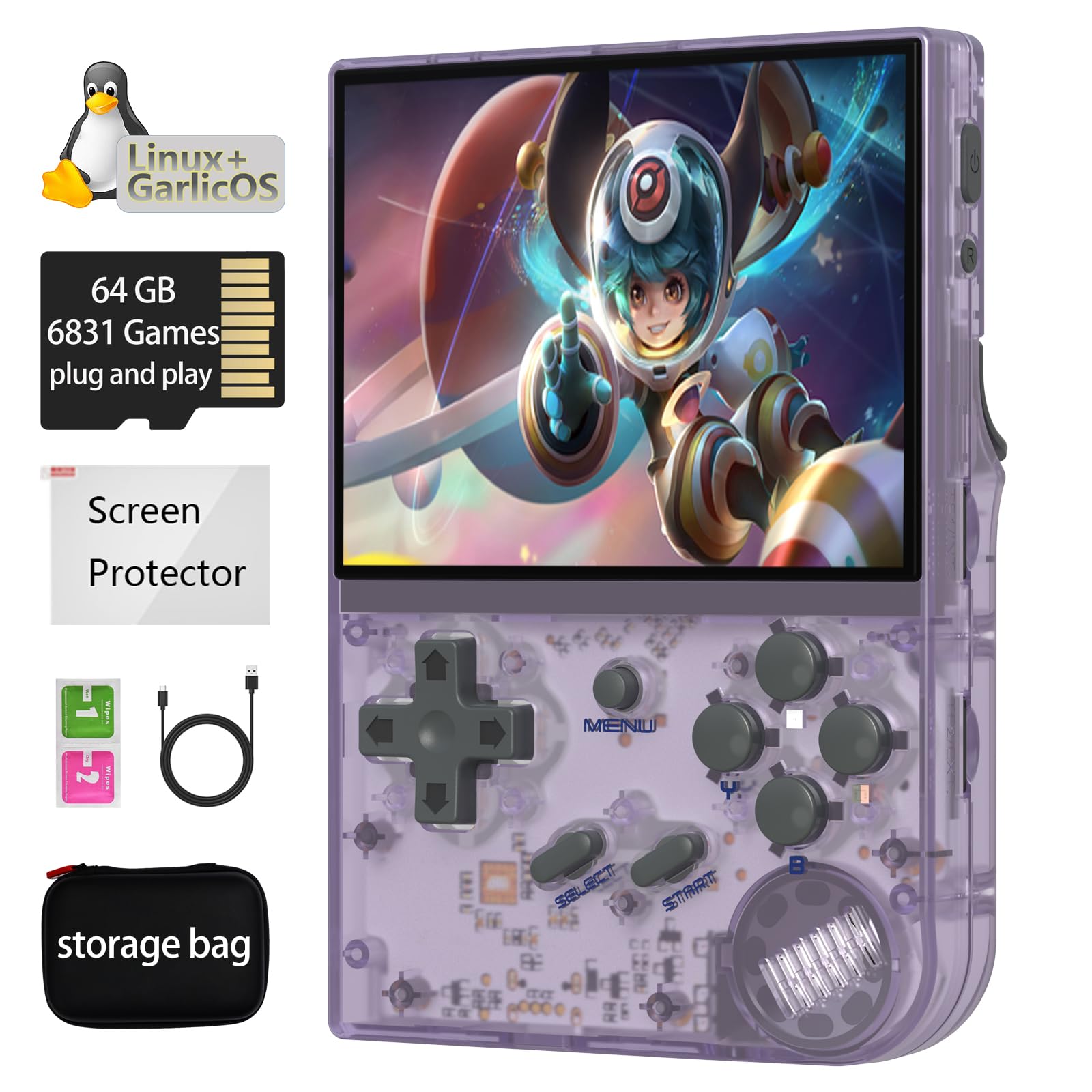 Photo 1 of RG35XX Handheld Game Console Support Linux Garlic OS HDMI and TV Output 3.5 Inch IPS Screen 64G TF Card 6831 Classic Games 2600mAh Battery (RG35XX-purple+Bag)