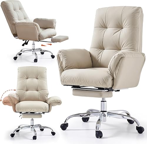 Silla de oficina EMIAH con reposapiés, silla de cruce con ruedas y brazos abatibles, silla de escritorio reclinable, silla de computadora de cuero