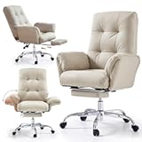 EMIAH Office Chair with Foot Rest Criss Cross Chair with Wheels and Flip-up Arms Reclining Desk Chair Comfy Wide Seat PU Leather Rolling Computer Home Office Chair &lpar;Beige&rpar;
