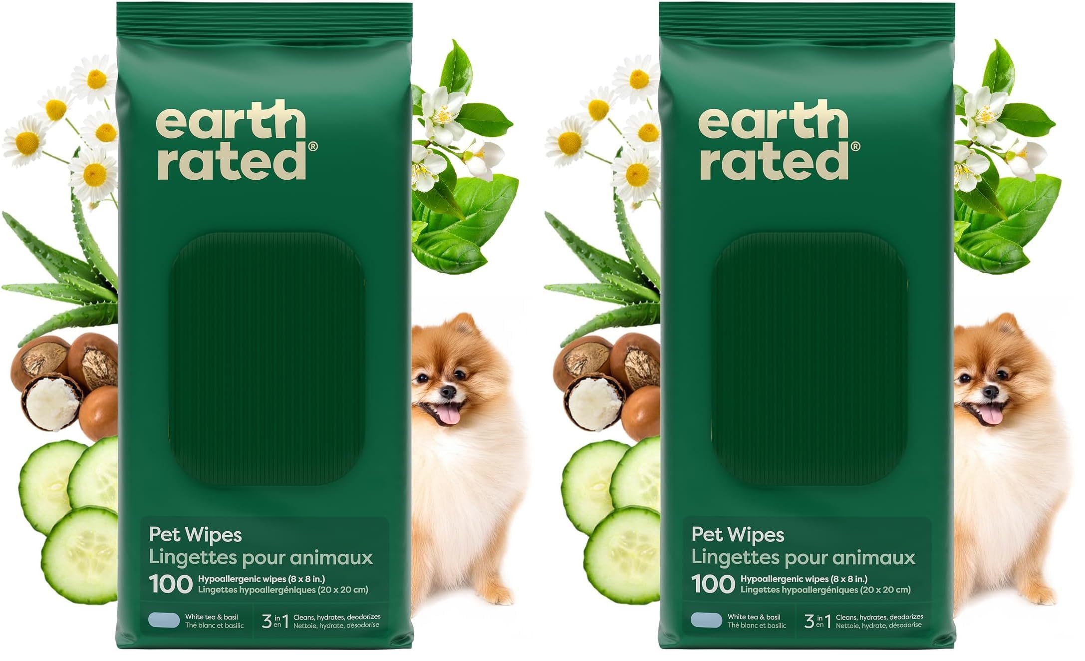 Earth Rated Pet Wipes for Dogs and Cats, Hypoallergenic, 3-in-1 Cleaning, Deodorizing and Hydrating, for Grooming Paws, Body and Butt, New White Tea and Basil Scent, 100 Count (Pack of 2)