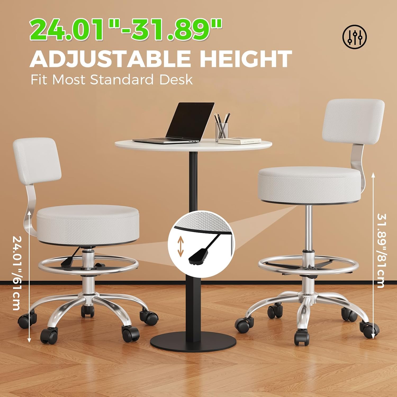 Office Drafting Chair with Footrest, Tall Height Adjustable Stool with Back Support, Heavy Duty Rolling Stool Chair with Wheels for Office Home Kitchen Bar Shop Guitar Studio Vanity, Gray thumbnail