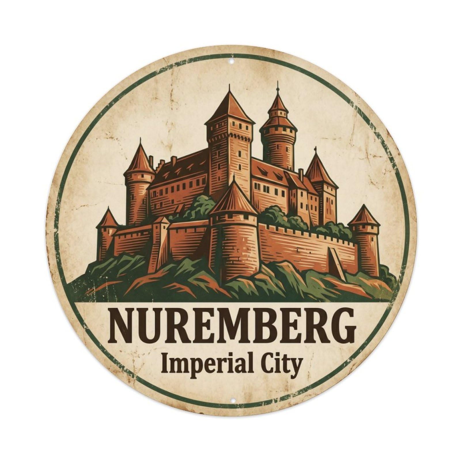 Vintage Travel Nuremberg Castle Germany Metal Tin Sign Plaque Wall Decor for Cafe, Club Bar, Office, Home Garden Round Metal Poster 8x8Inch