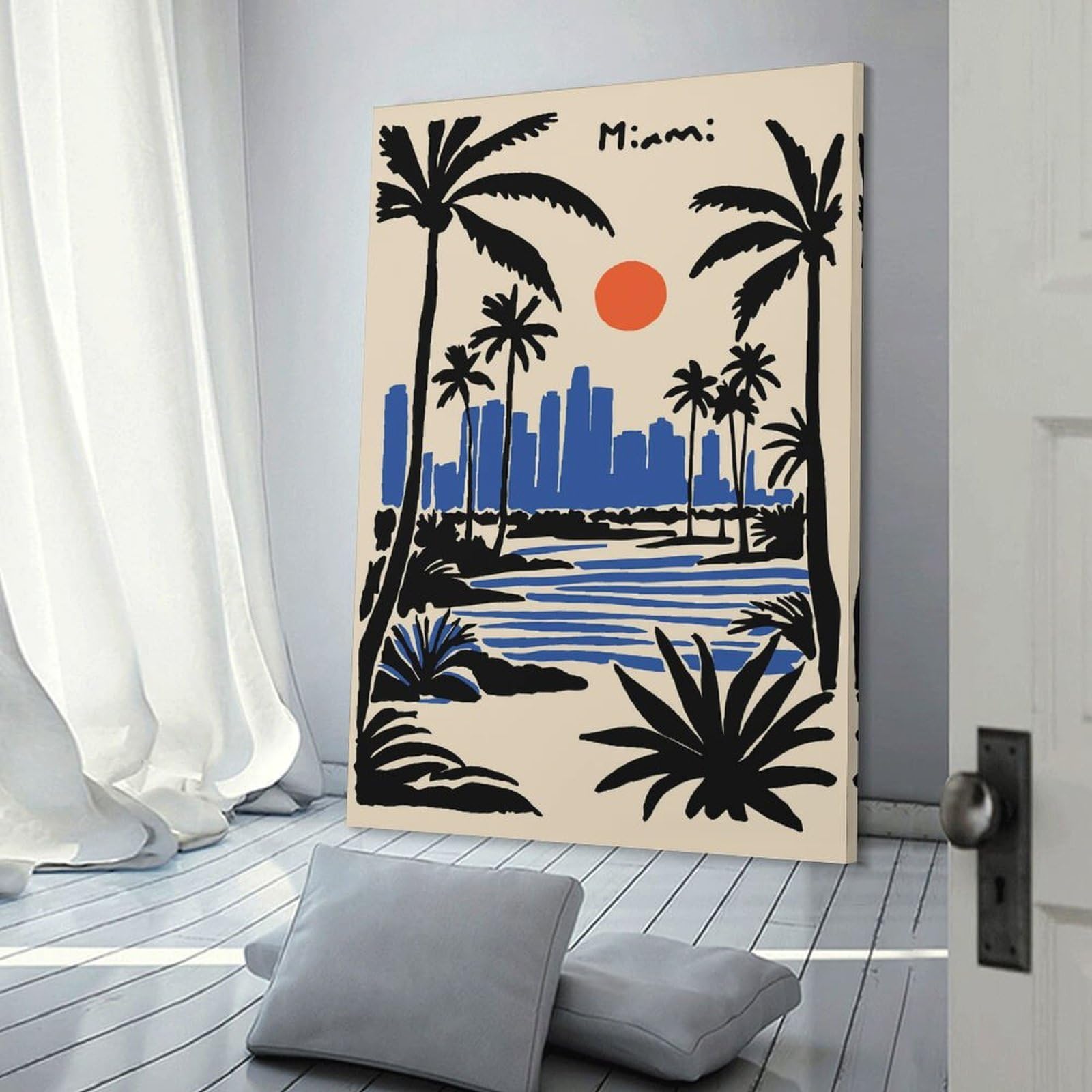 Junmoney Miami Cityscape with Palm Trees Decorative Canvas Print 12x18inch(30x45cm), for Gallery Wall Layouts in Home Or Office, Home Wall Art for Statement Displays