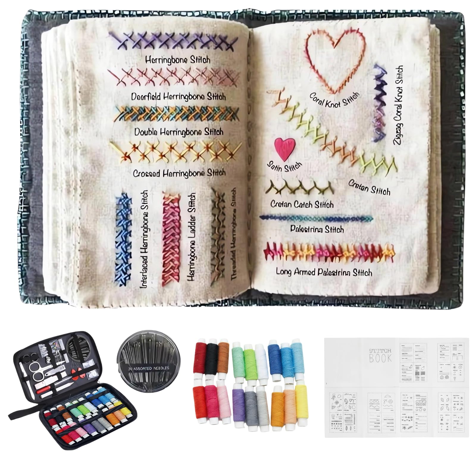 Dualblades 86 Stitches Embroidery Stitch Book Kit, Diy High-Density Linen Set With Step-By-Step Tutorials For Beginners, Portable Diy Kit With Floral Pattern Needle Thread For Embroidery Books Enthusiasts (86 Stitches)