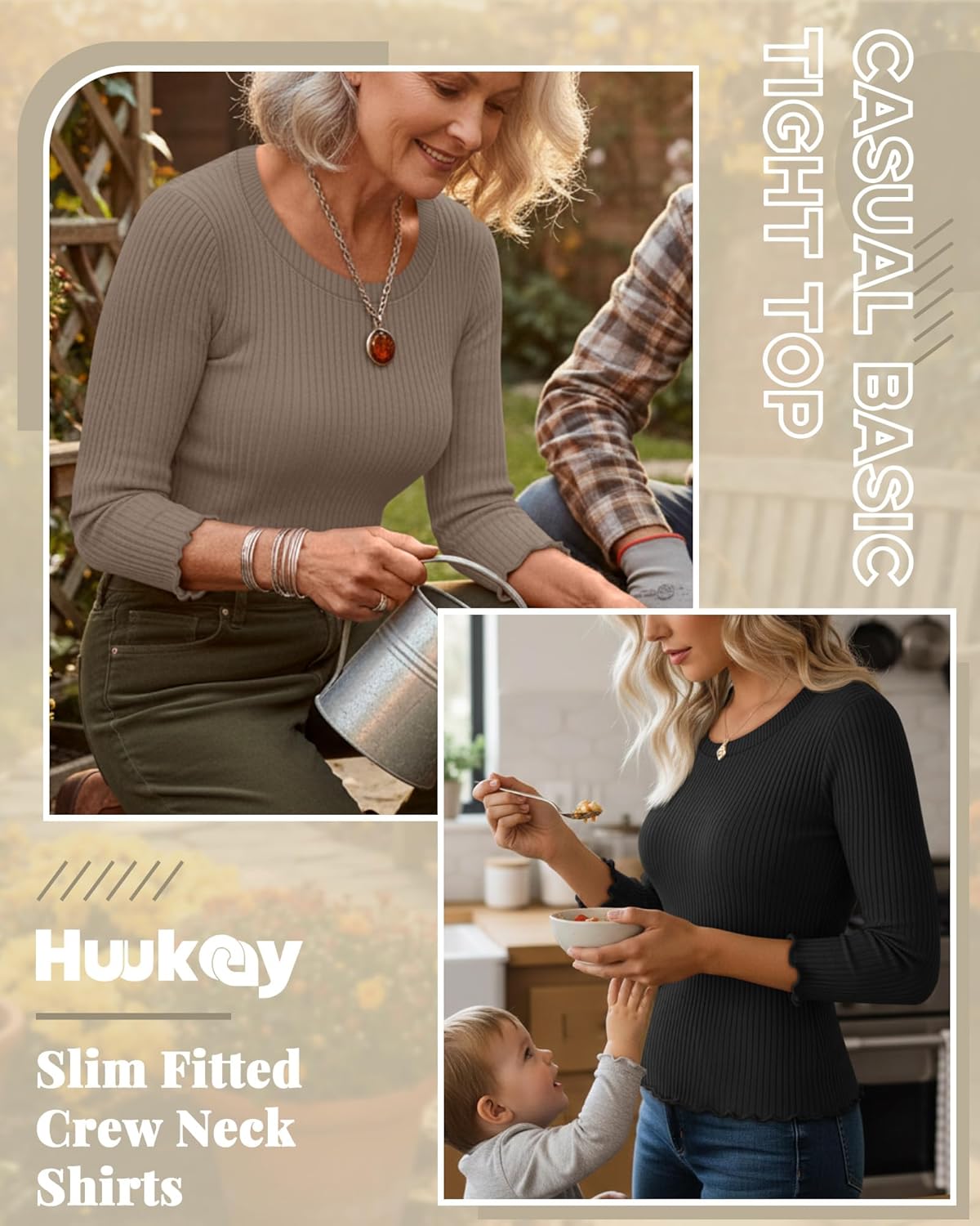 Huukeay 3 Pack Women’s 3/4 Sleeve Tops, Ribbed Knit Cotton Slim Fitted Crew Neck Shirts Stretchy Casual Basic Tight Top - Image 2