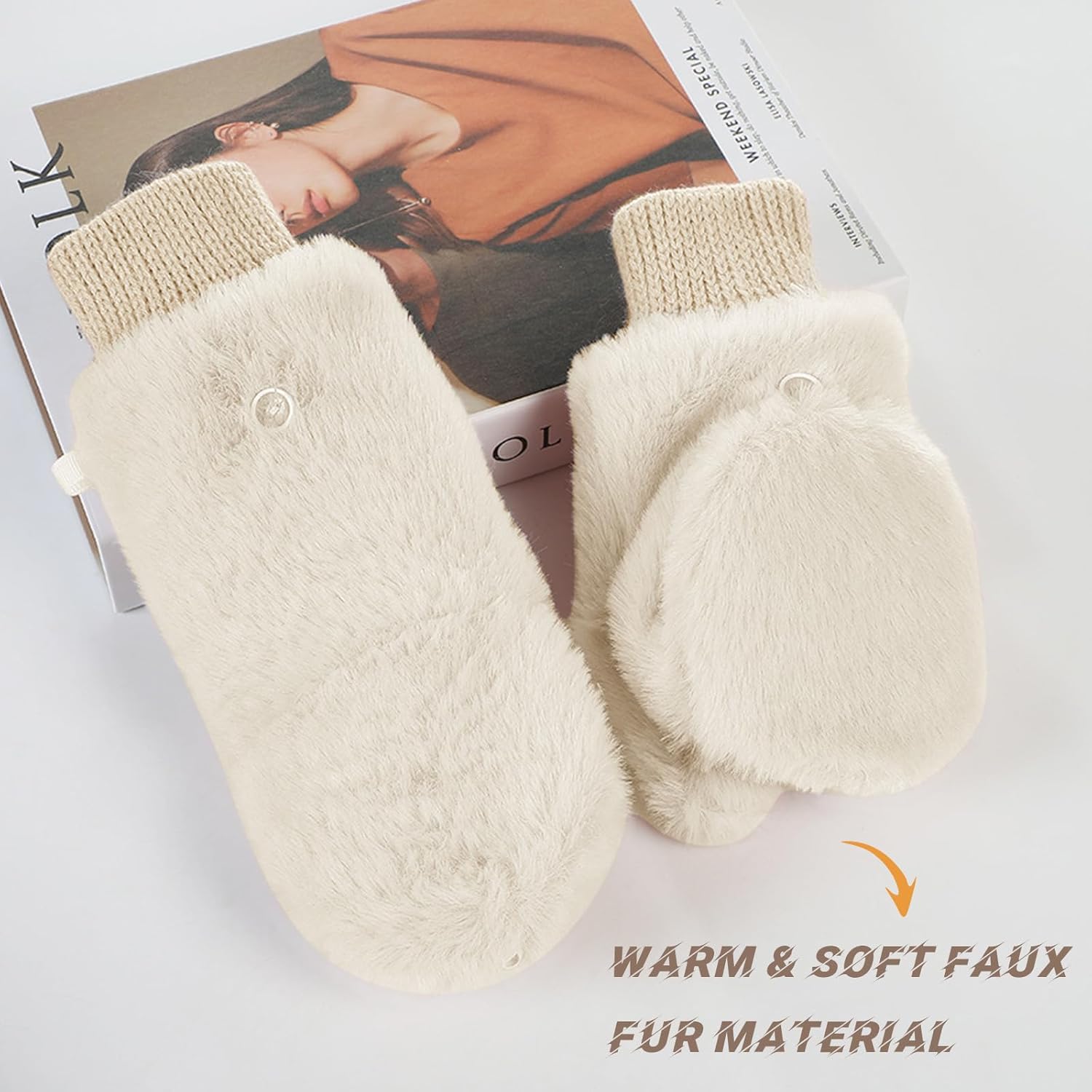 Winter Faux Fur Convertible Mittens for Women Girls Thermal Warm Half Finger Fingerless Gloves - Image 4