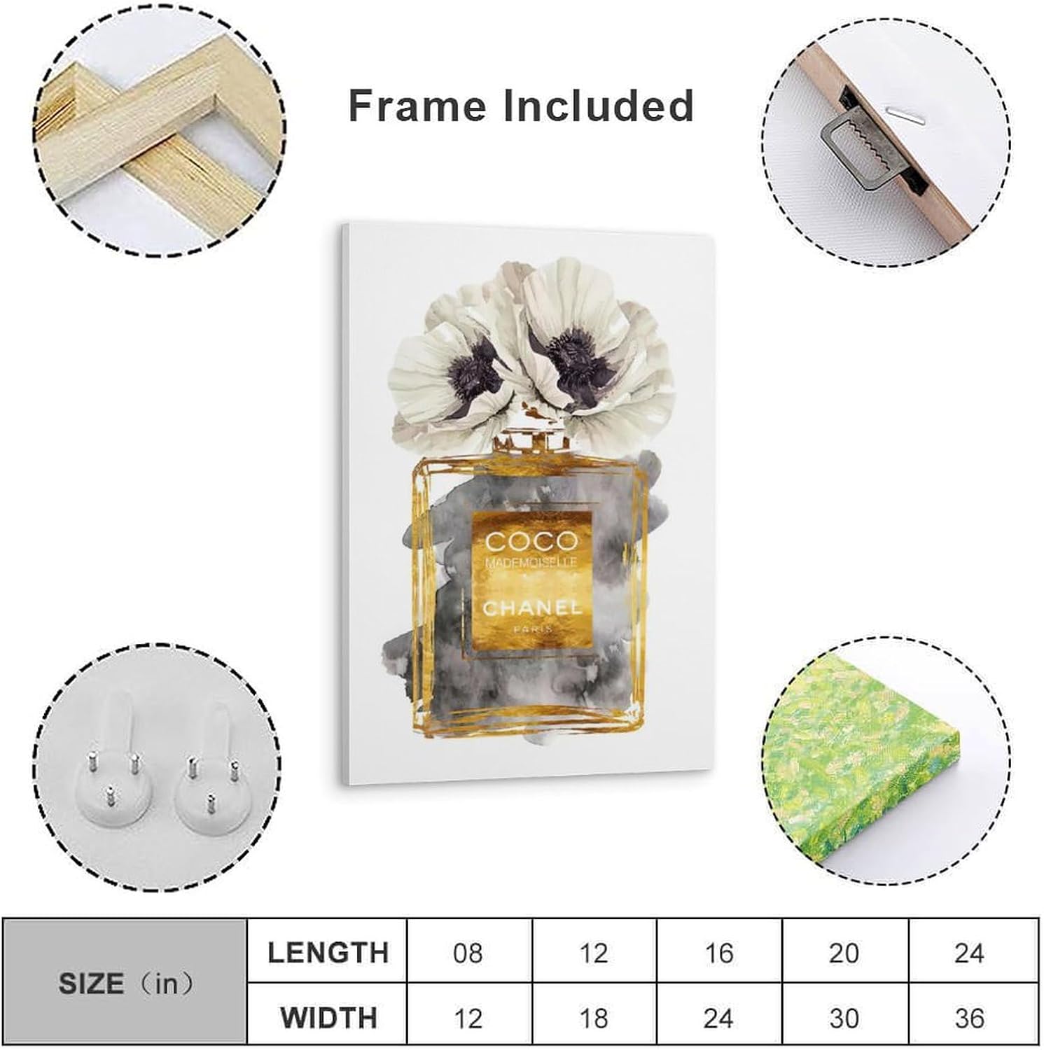 BanLaArt Fashion Perfume Bottle Dark Gold With Dark Grey & White Poppy Canvas Print Poster Decorative Painting Canvas Wall Art Picture Print Modern Family Bedroom Decor 12x18inch(30x45cm), style-4