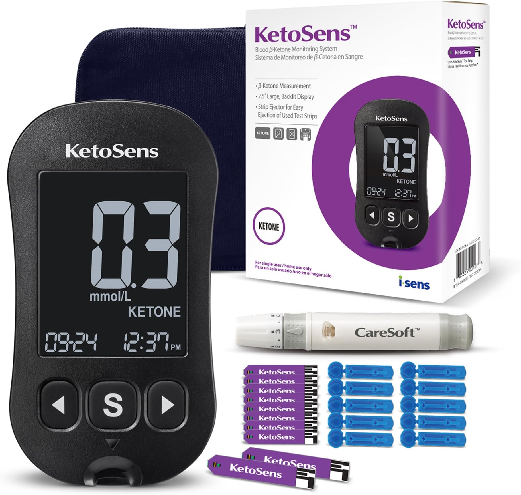 Made in Korea Blood Ketone Monitoring Starter Kit: Ideal for Keto Diet with App. Includes 1 Meter, 10 Ketone Test Strips, 10 Lancets (30G), 1 Lancing Device & 1 Case