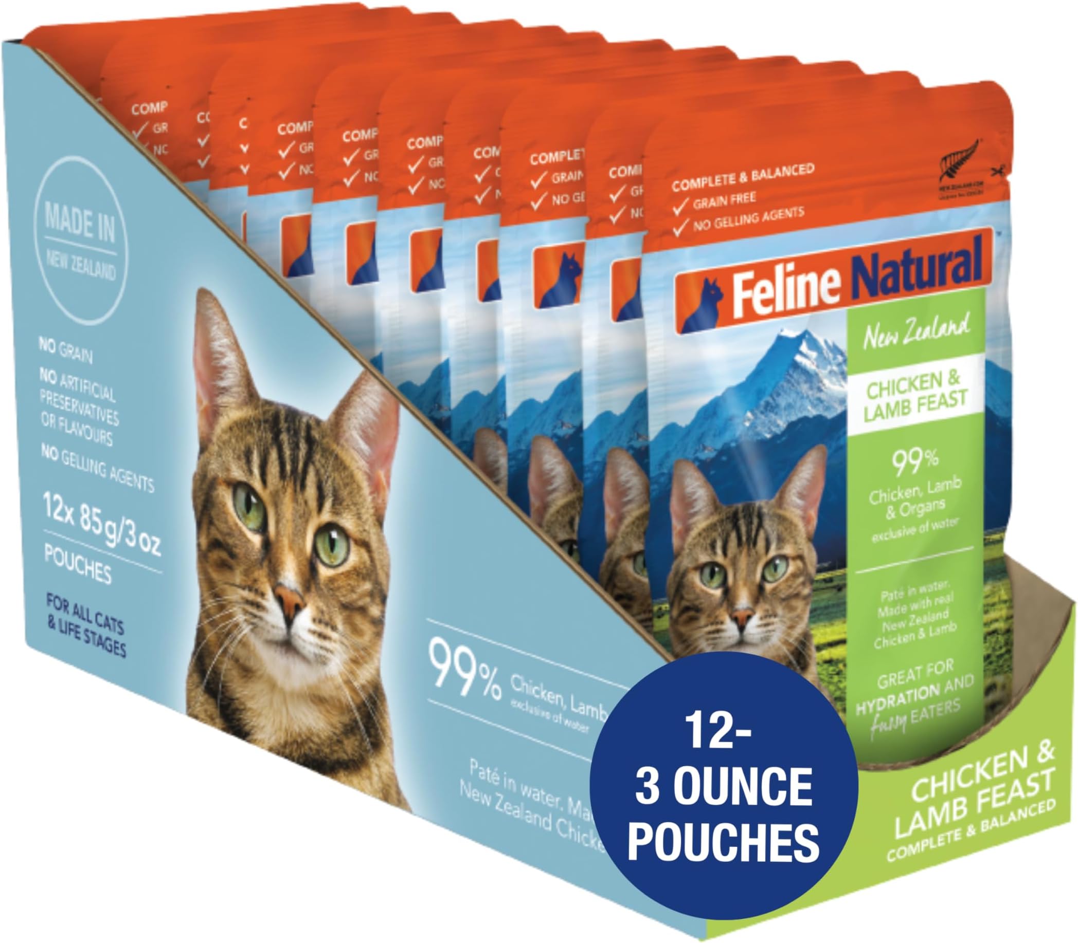 Feline Natural New Zealand Pâté Wet Cat Food Pouch, High-Meat, Low-Carb, & Grain Free Cat Food Wet, Chicken & Lamb, 3 oz, Pack of 12