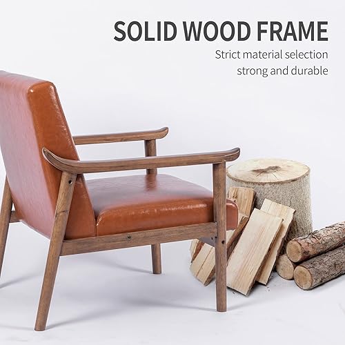 Miniatura 19 de UNICOO - Sillón decorativo de piel sintética con marco de madera maciza. Silla de lectura moderna de mediados de siglo para sala de estar dormitorio