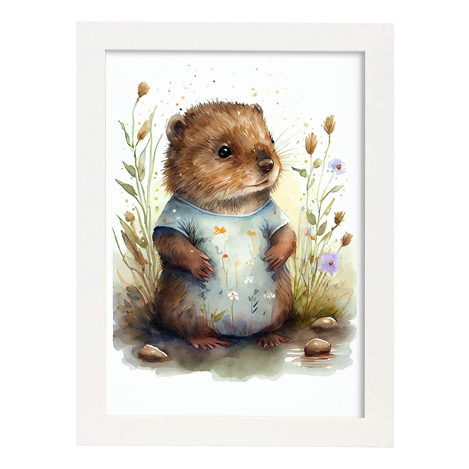 Nacnic Poster Castoro Nella Foresta - Stampa Acquerello Con Cornice Legno Chiaro, A4