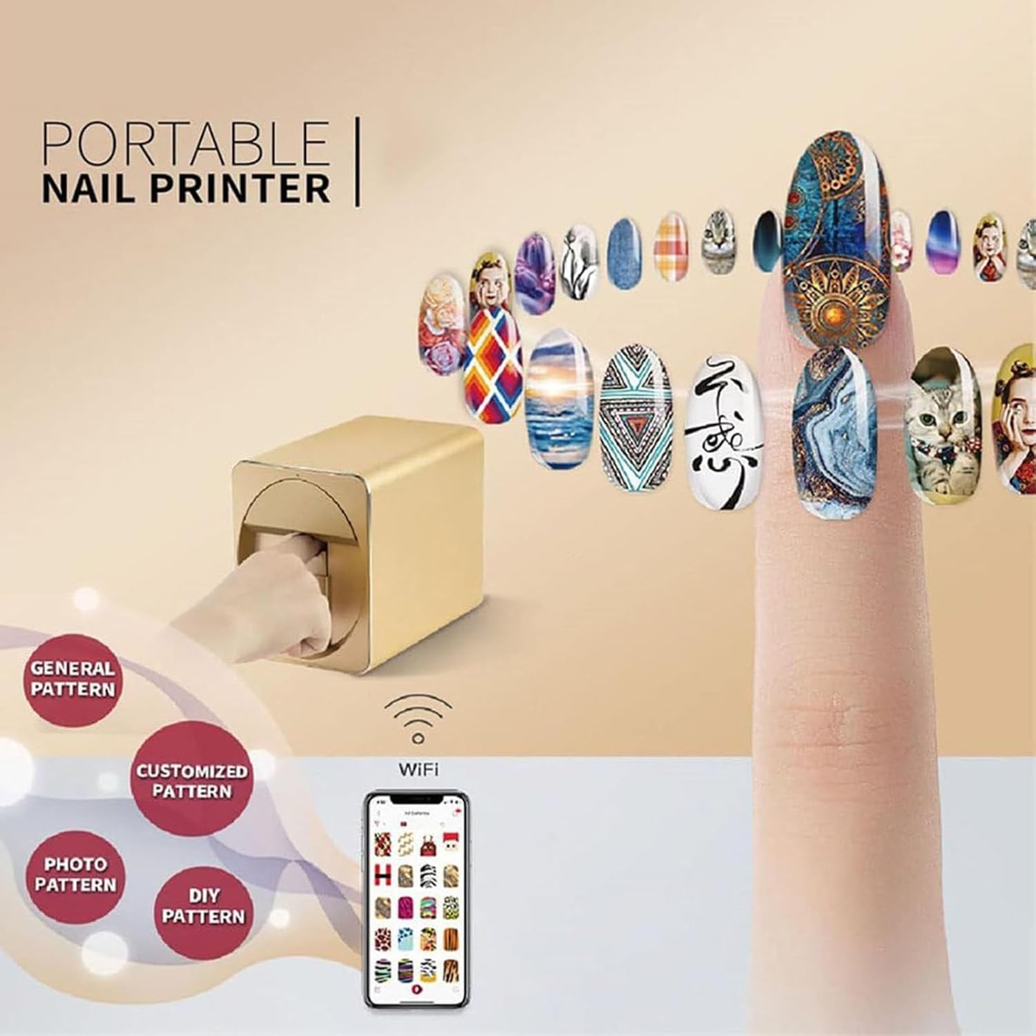 Portable Nail Printer Nail Art Machine, Metal Body Automatic DIY Nail Printer, Phone Control Digital Mobile Nail Art Printer for Home/Nail Lovers (Gold)