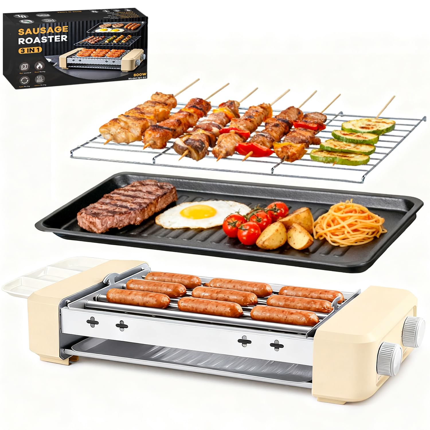 Electric Hot Dog Roller Machine,3 in 1 Indoor Grill with 360° Rotating Tray (9 Sausages) &amp; Removable Grills Net &amp; Nonstick Plate,Hot Dog Roller Grill Sausage Grills for Family BBQ Party