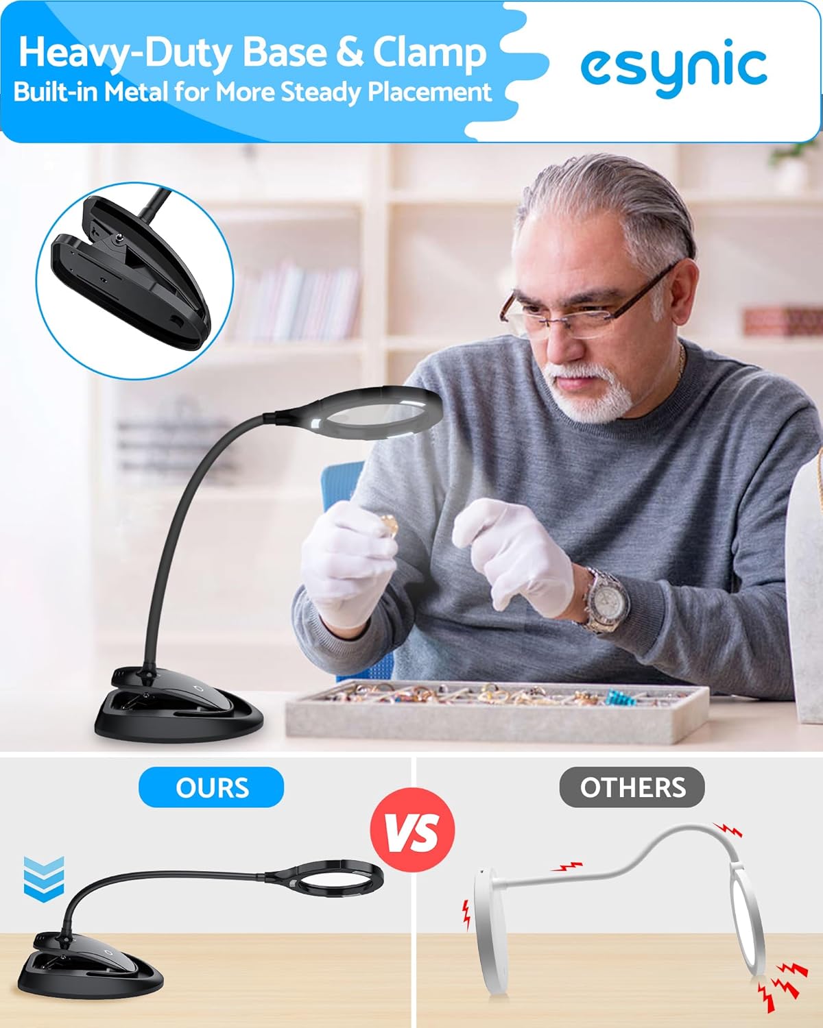 eSynic Magnifying Lamp with Light - 5X & 10X 110mm Large Lens with 15 LED Lights- USB-C Rechargeable & Flexible Gooseneck, Clamp&Base Dual Mount for Reading/Crafts/Repair [Acrylic Lens] - Image 7