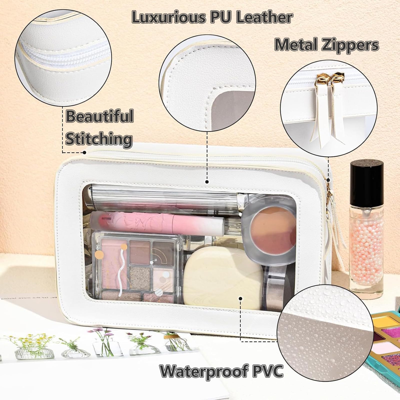 Makeup Bag - Clear Travel Toiletries Bag for Women, White - Image 3